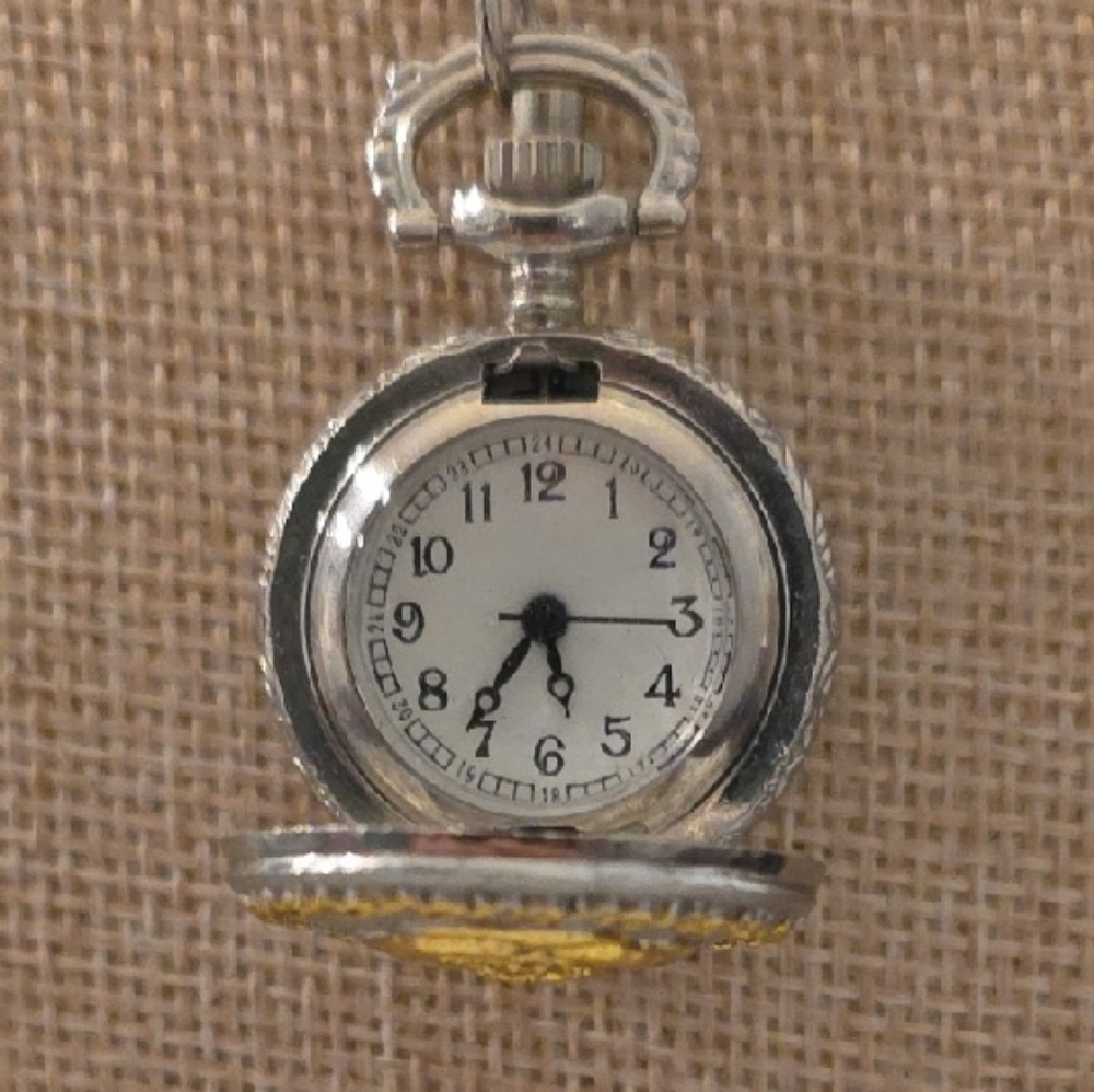 Silver Pocket Watch Pendant Necklace with Gold Rose Accent